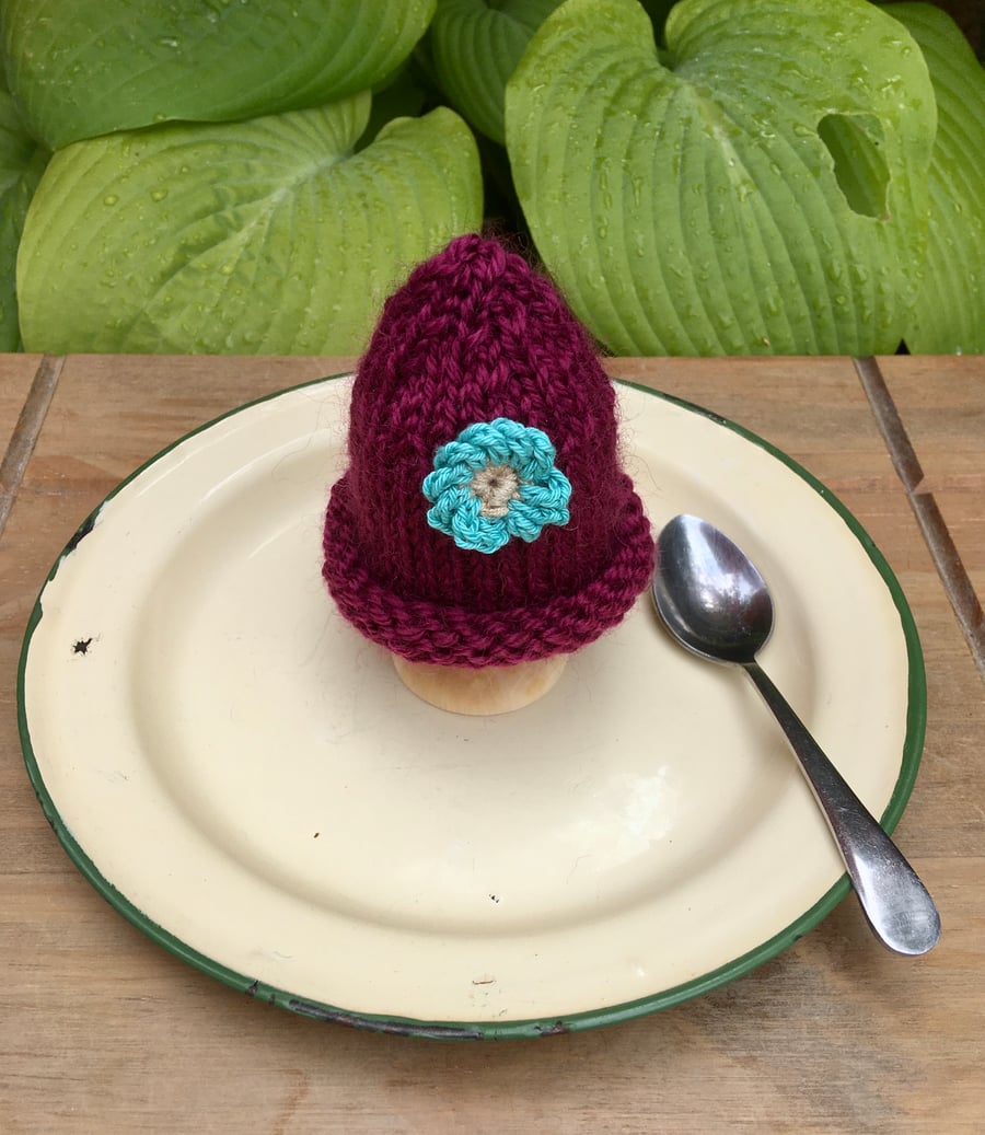 SALE - Burgundy Egg Cosy with Turquoise Crochet Flower