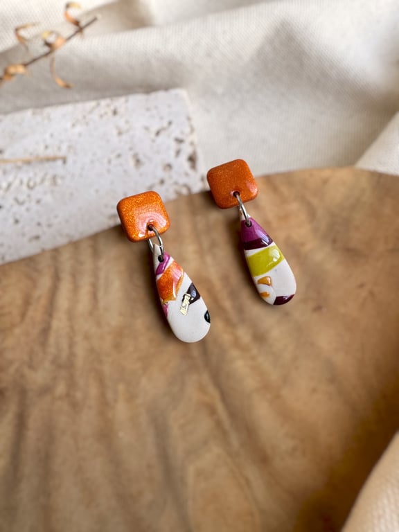 Autumn Abstract Teardrop Polymer clay Earrings