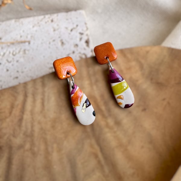 Autumn Abstract Teardrop Polymer clay Earrings