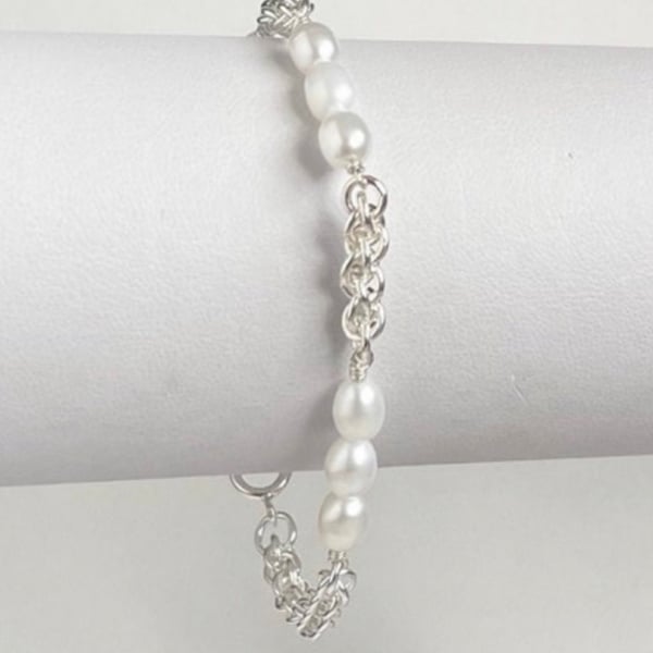 White Pearl Sterling Silver Chainmaille Bracelet
