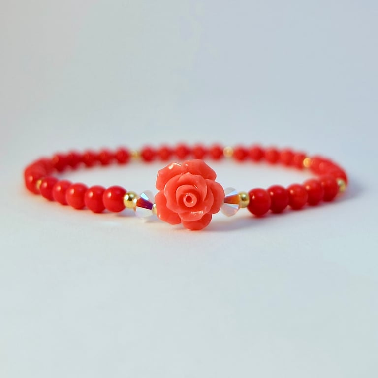 Red Bamboo Coral Bracelet, Carved Coral Rose, Birthday, Anniversary, Valentine