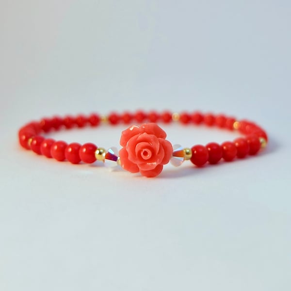 Red Bamboo Coral Bracelet, Carved Coral Rose, Birthday, Anniversary, Valentine
