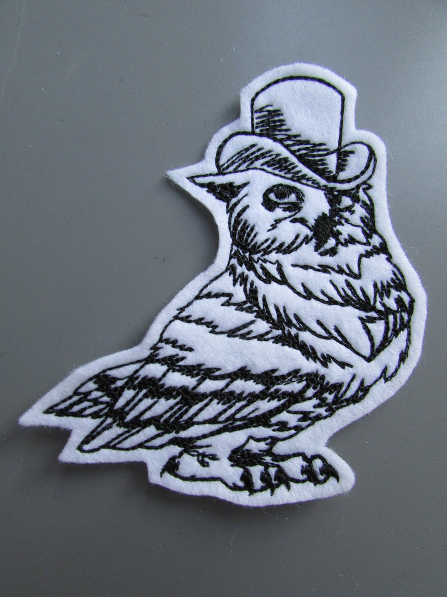 Steampunk Dapper Owl Embroidered Sew on Applique Patch