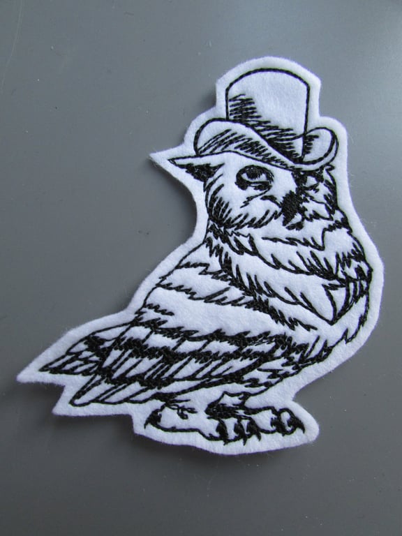 Steampunk Dapper Owl Embroidered Sew on Applique Patch