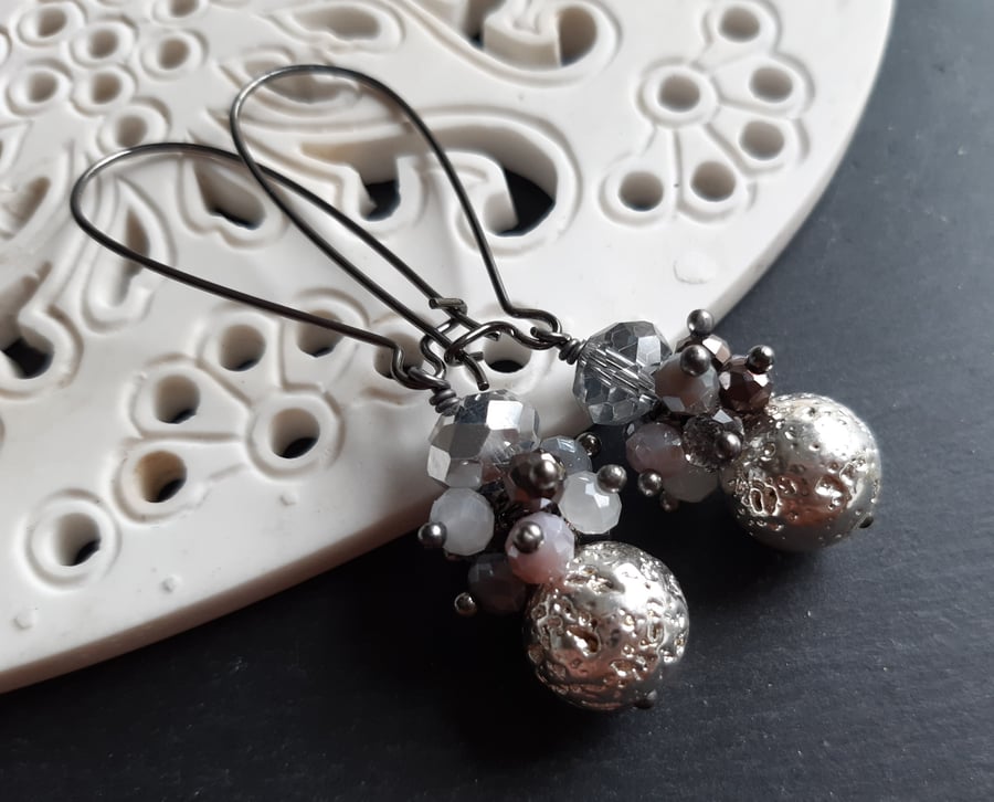 Silver Lava and Crystal Cluster Earrings