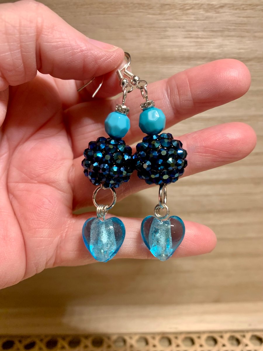 Sparkly Midnight Blue and Turquoise Glass Love Heart Dangle Earrings