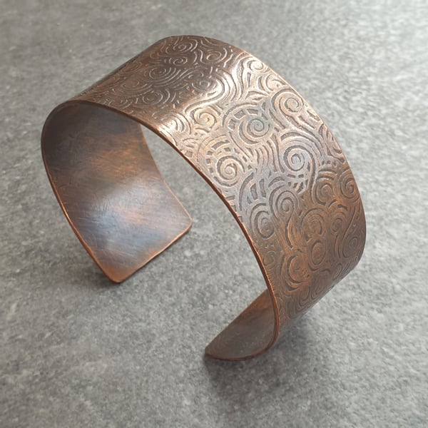 Copper cuff bracelet,  Spiral pattern, 7th anniversary gift, Beach lover gift