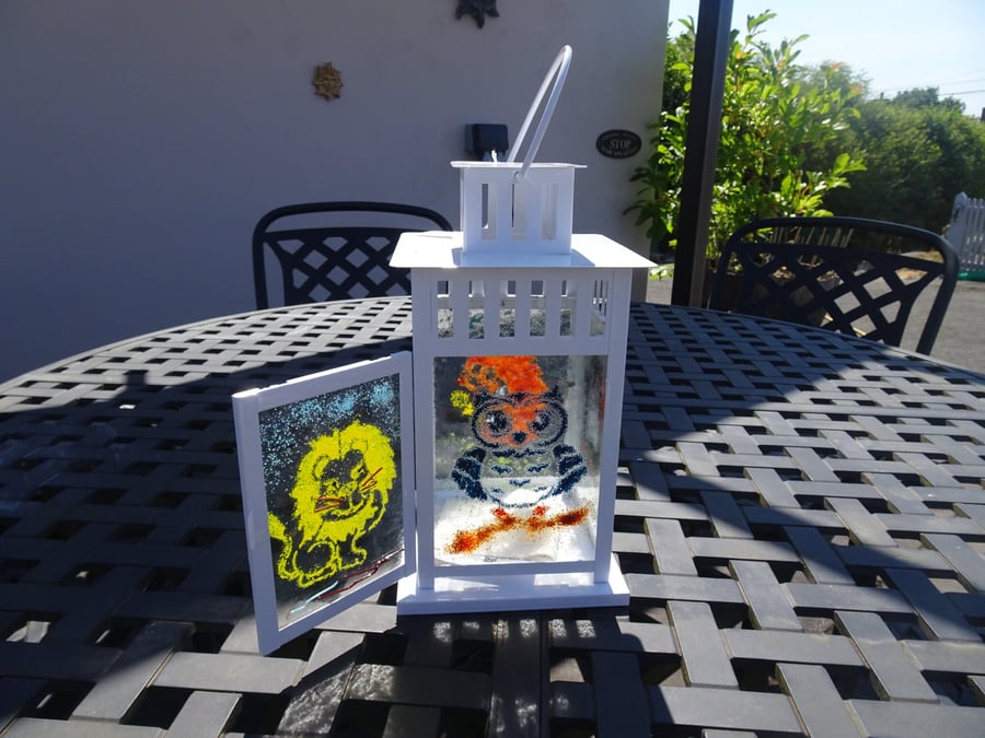 Fused Glass Lantern. Sturdy White Metal frame. Suitable for home, garden, 