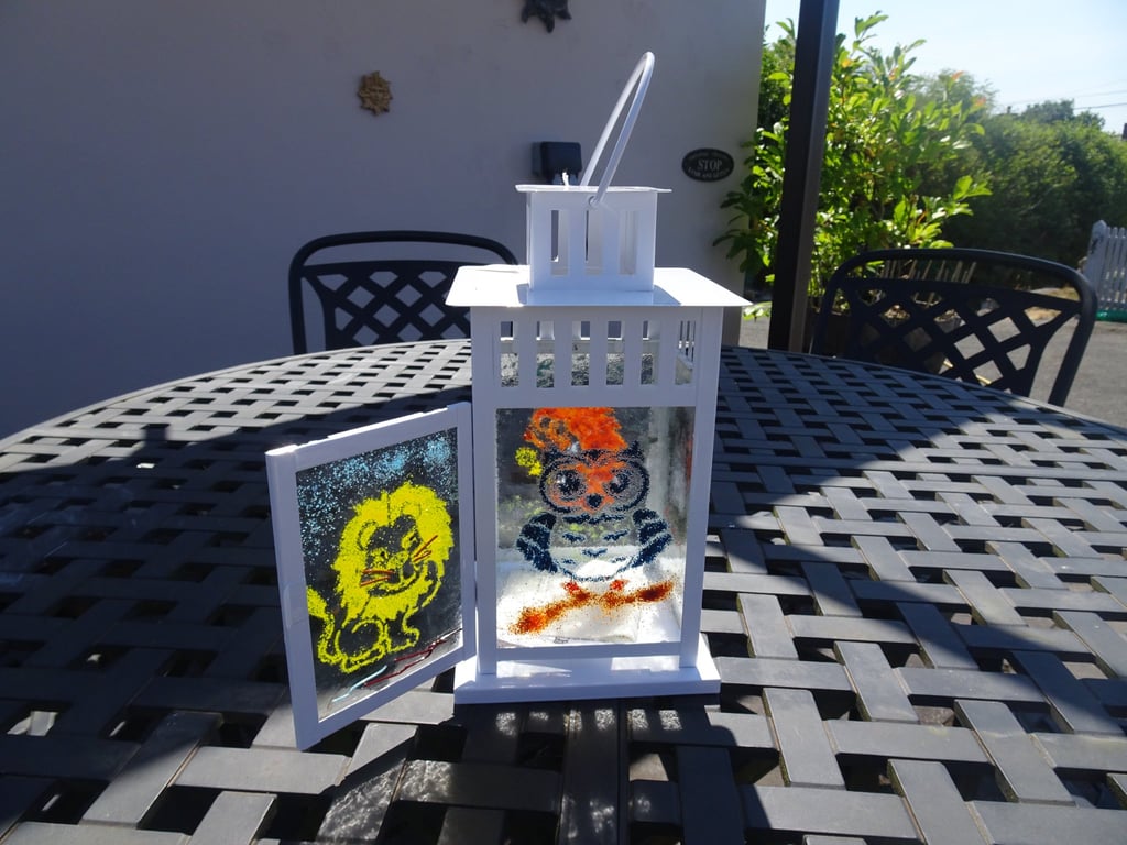 Fused Glass Lantern. Sturdy White Metal frame. Suitable for home, garden, 