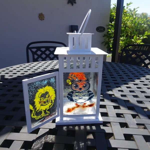 Fused Glass Lantern. Sturdy White Metal frame. Suitable for home, garden, 