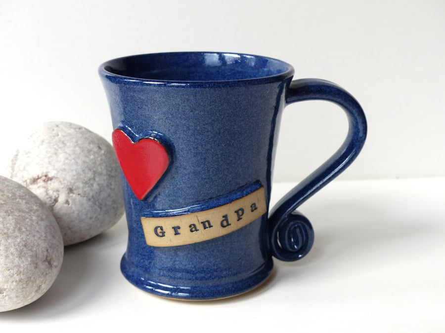 Love Grandpa Blue Mug Red Heart  Ceramic Pottery Handmade