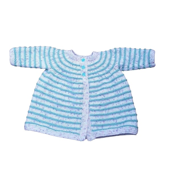 Baby Cardigan, Hand Knitted in White with Green Stripes