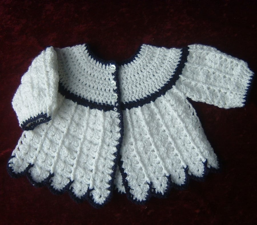 White navy crochet baby matinee coat (ref 65958)
