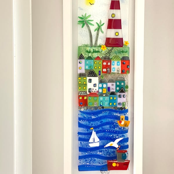 Fused glass coastal art - plymouth lighthouse 