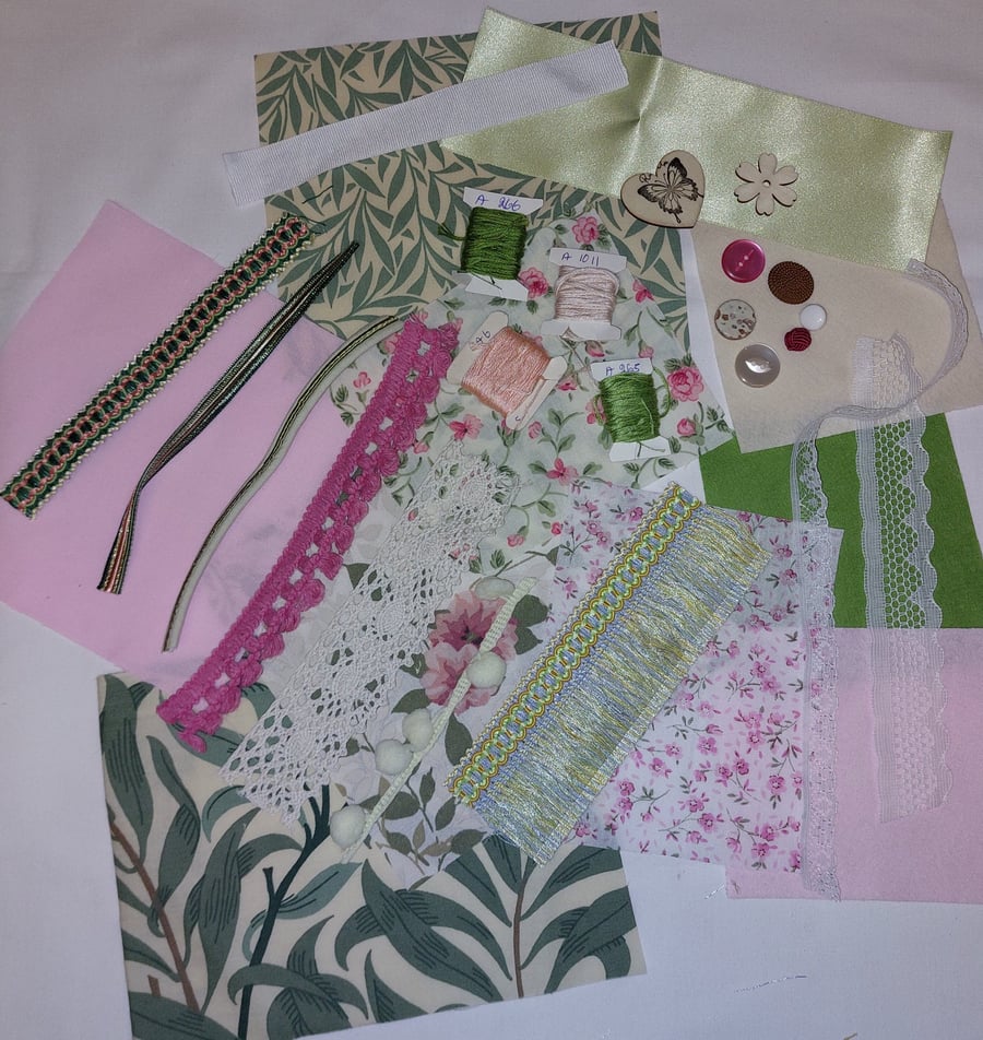 Pink, green and cream slow stitching kit 