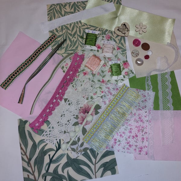 Pink, green and cream slow stitching kit 