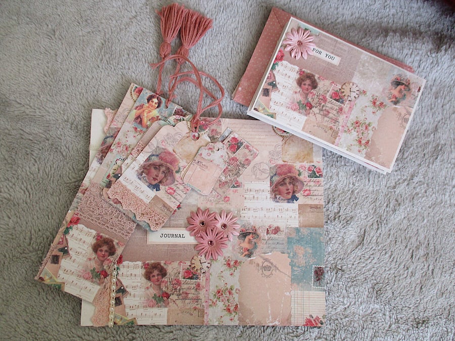 Vintage Romantic Stationery Set - Notebook - Notecards - Tags - Bookmarks