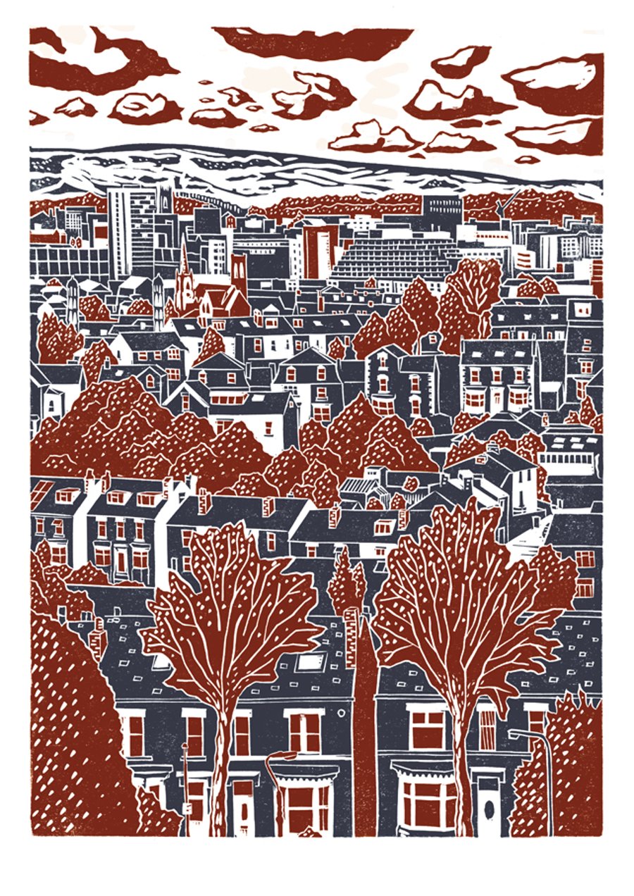 Sheffield City View No.4 A3 poster print (dark red & dark blue)