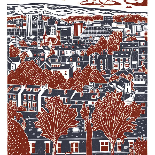 Sheffield City View No.4 A3 poster print (dark red & dark blue)
