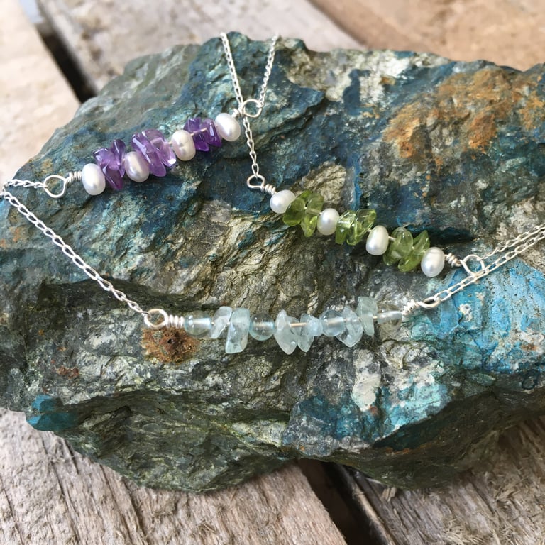 Sterling silver gem & freshwater pearl bar necklaces