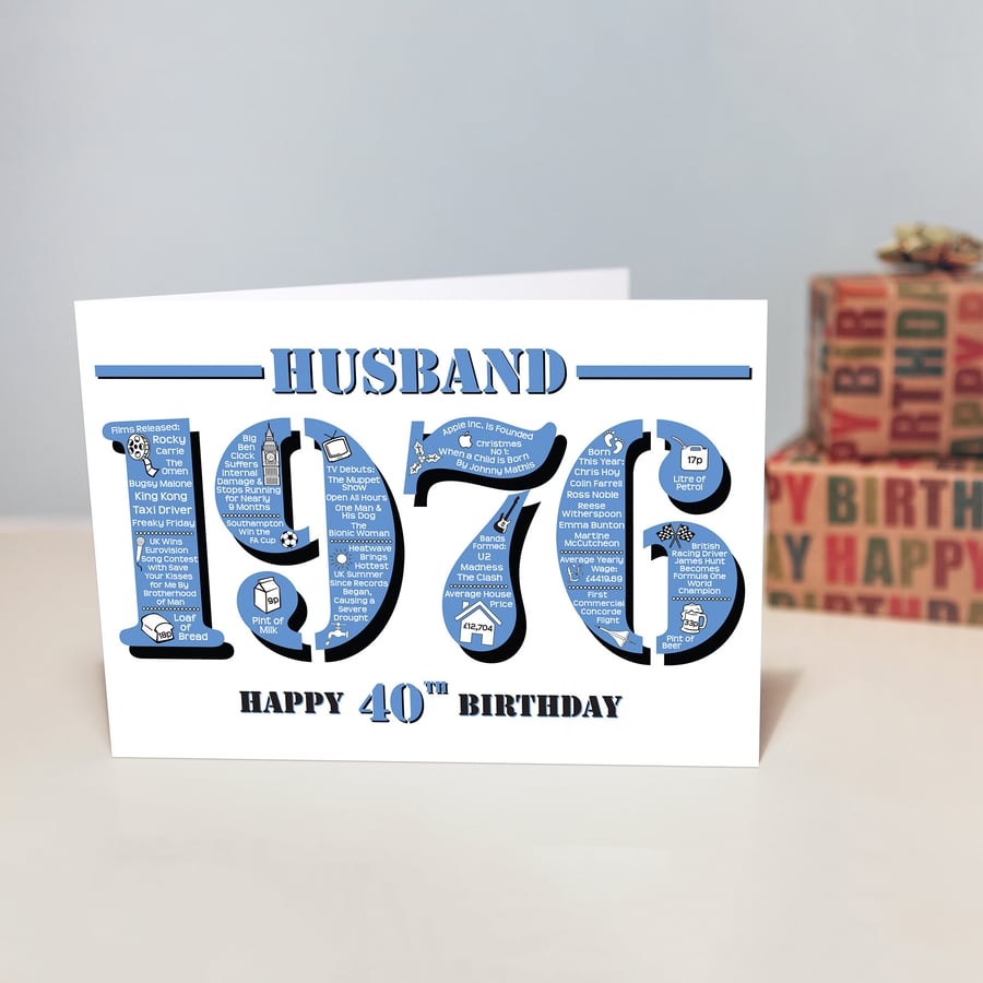 Happy 40th Birthday Husband Greetings Card - Year of Birth - Born in 1976 Facts