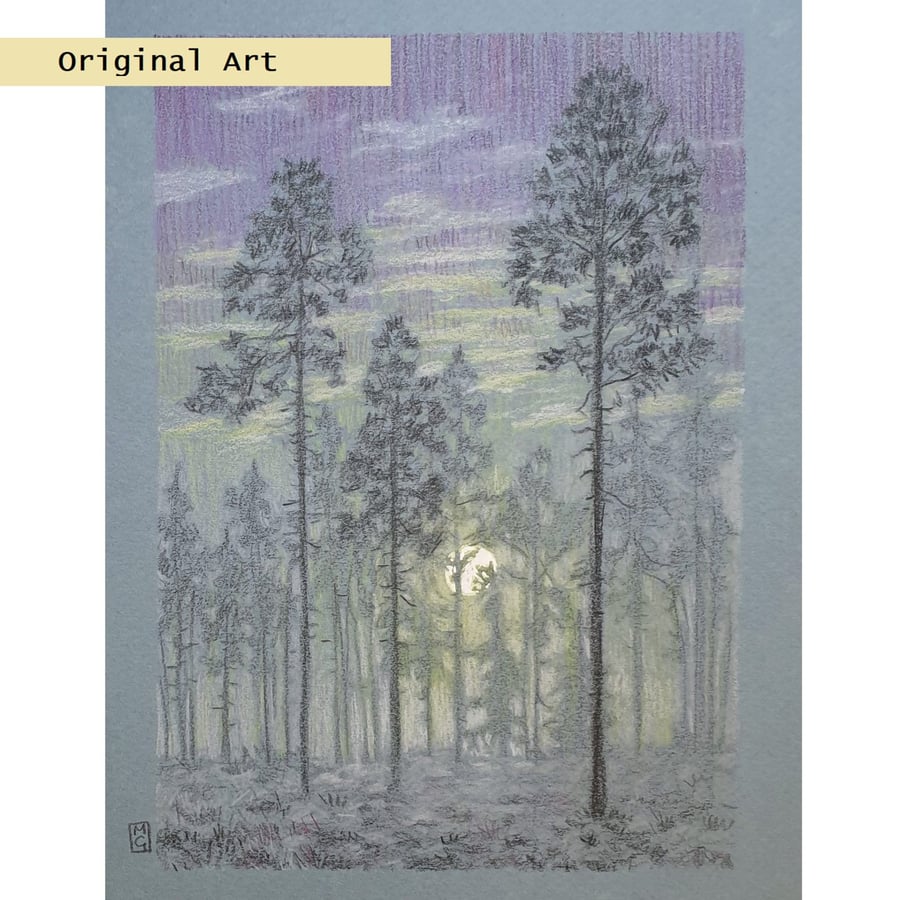 Evening landscape with trees, original artwork, landscape wall art