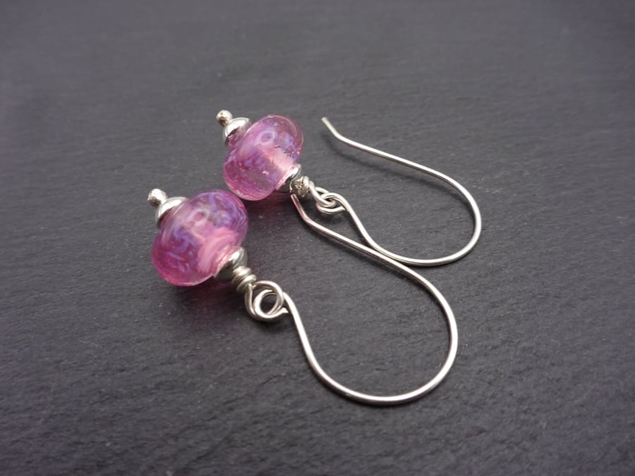 sterling silver earrings, pink lampwork glass