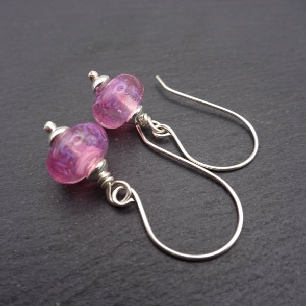 sterling silver earrings, pink lampwork glass