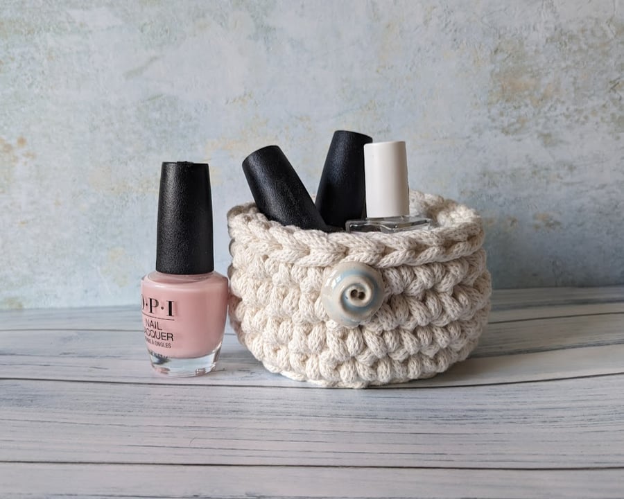Crochet container, storage pot, bathroom decor, recycled, ceramic button