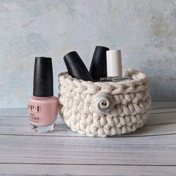 Crochet container, storage pot, bathroom decor, recycled, ceramic button