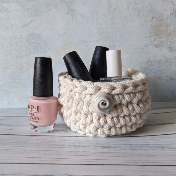 Crochet container, storage pot, bathroom decor, recycled, ceramic button