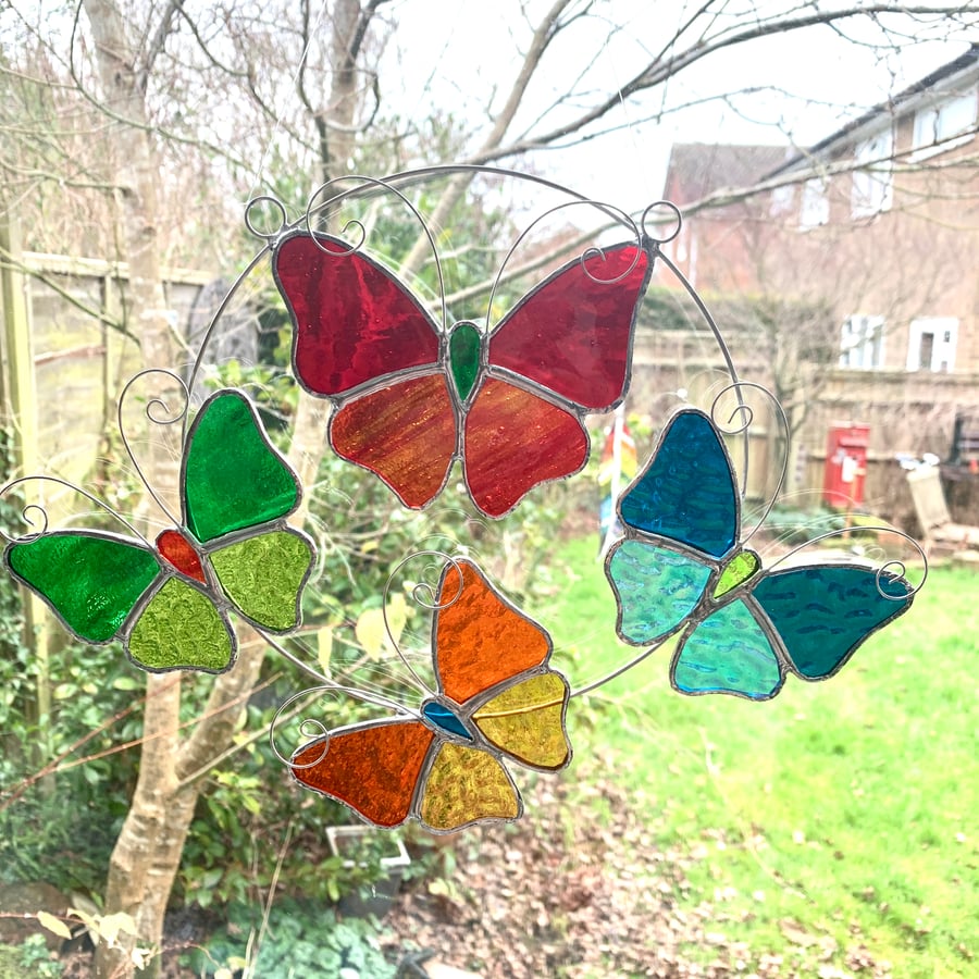 Stained Glass Butterfly Ring - Handmade Hanging Decoration - Multi