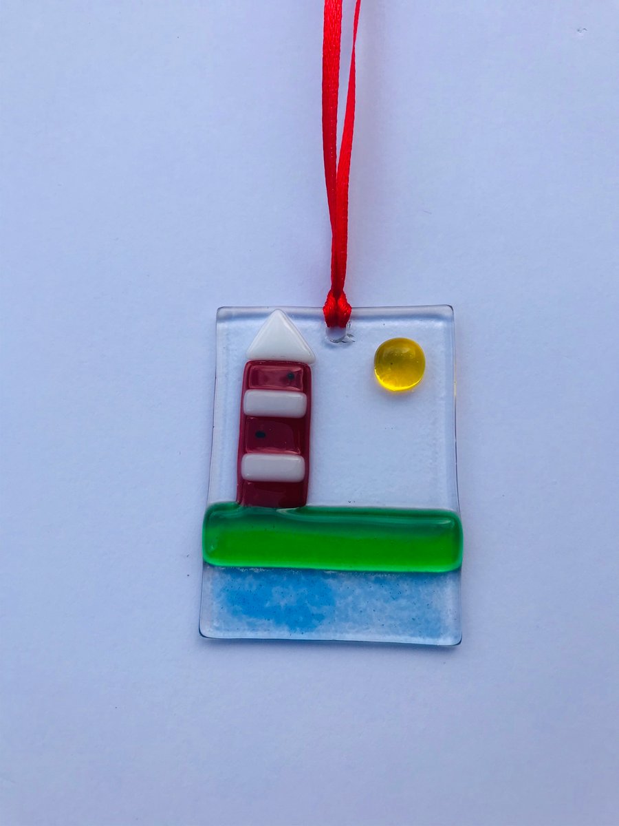 Fused glass smeatons lighthouse hanging decoration