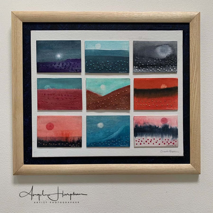 Framed Embroidered Watercolour Montage - Fantasy Landscapes with Suns & Moons II