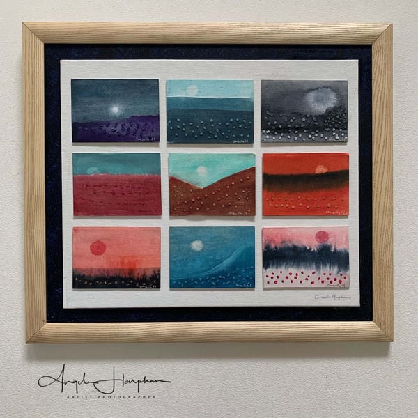 Framed Watercolour Picture Embroidery Montage - Fantasy Landscapes Suns Moons II