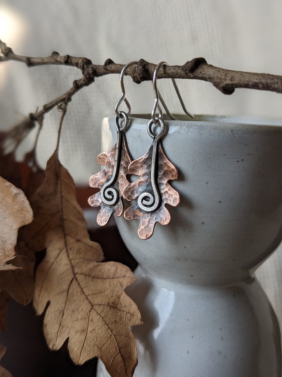 Oak leaf copper Autumn handmade drop earrings 