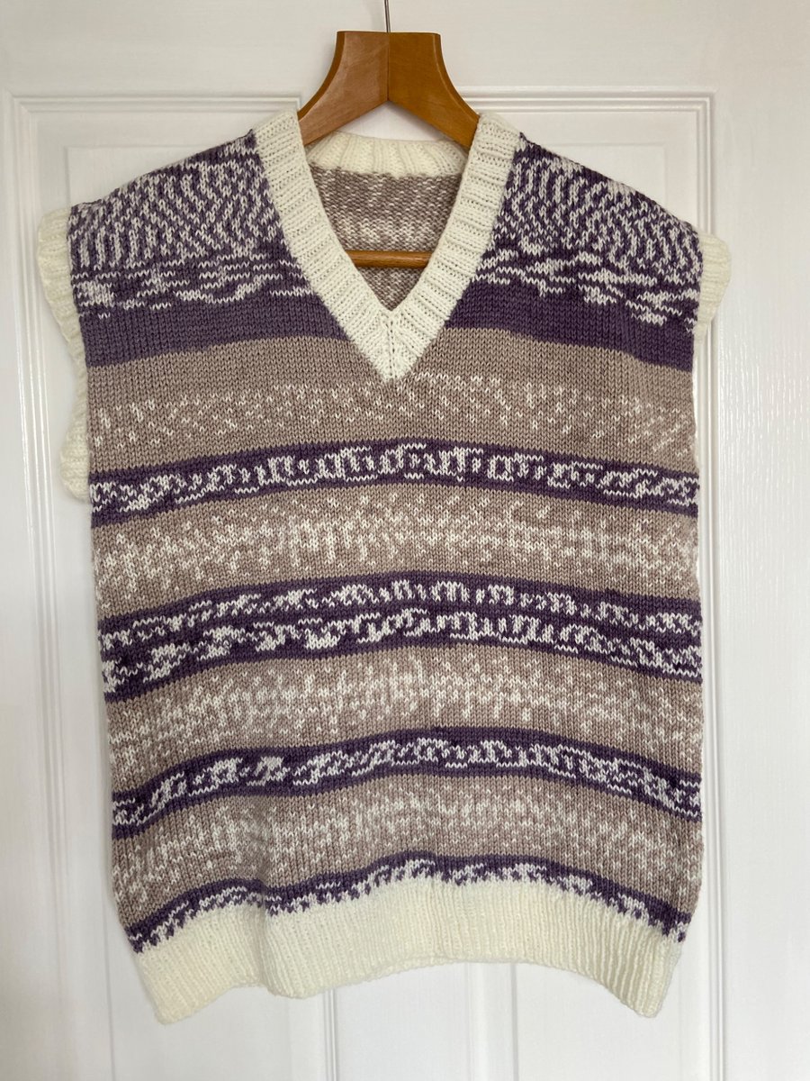 Hand Knit - Tank Top - Purple and Cream
