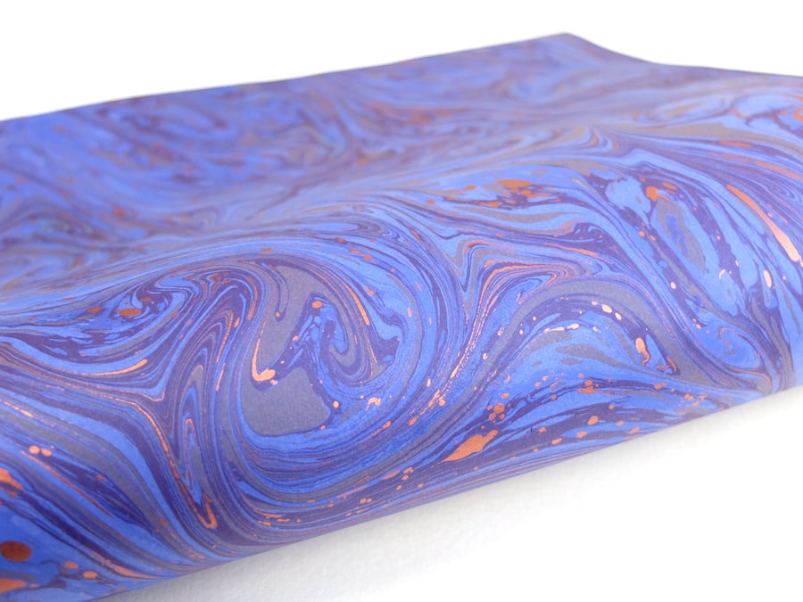 A3 Marbled paper sheet blue copper purple fantasy pattern 