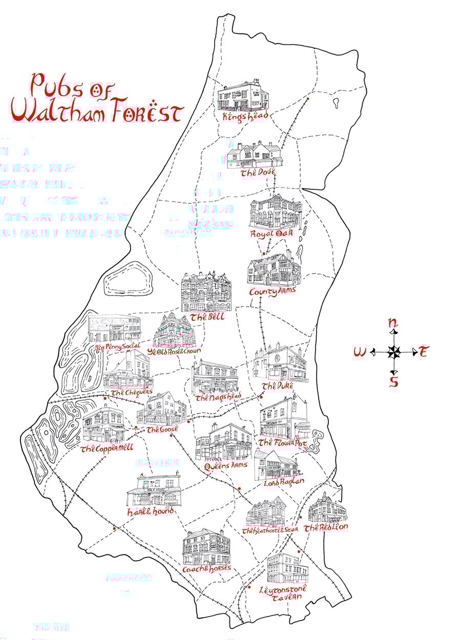 Map of the Pubs of Waltham Forest Hand Drawn Tolkien Style Map Artwork