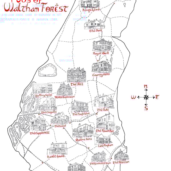 Map of the Pubs of Waltham Forest Hand Drawn Tolkien Style Map Artwork