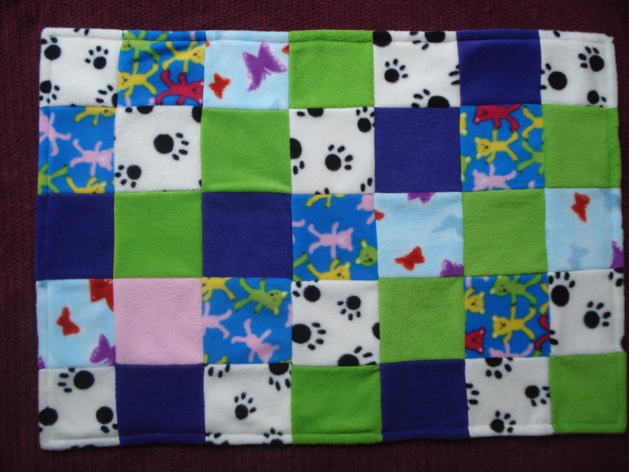 Fleece Double Sided Quilt Blanket Made From Various Squares Including Teddies an