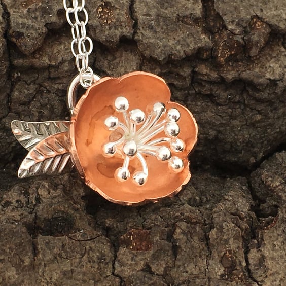 Copper and Silver Bobble Flower Pendant, Silver Necklace, Flowers Stamen.