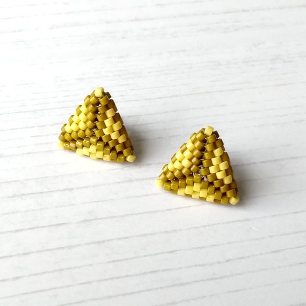 Sale! Geometric Stud Earrings in Olive Green and Yellow