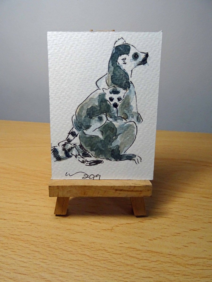 ACEO Animal Art Lemur and Baby Original Watercolour Ink Painting OOAK 