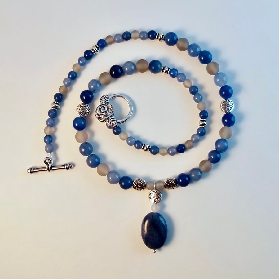 Blue Aventurine Necklace With Grey Agate - Handmade In Devon