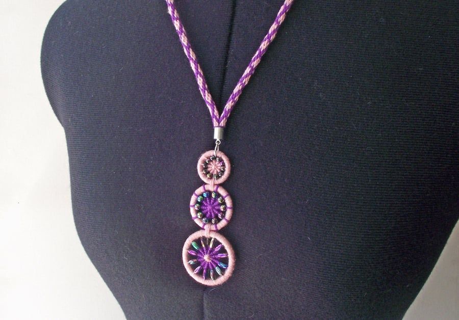 Statement Necklace with Beaded Dorset Buttons & Kumihimo Braid, Pink, Purple