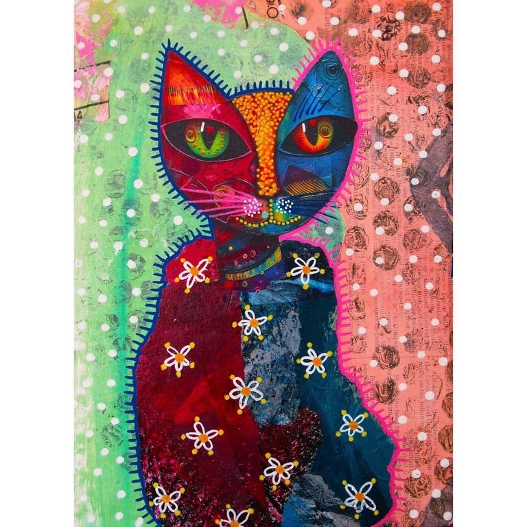 Original Cat Painting Whimsical Feline Small Format Art Gift for Kitten Lovers 