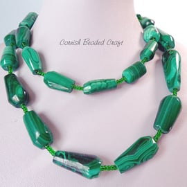 Vintage Polished Malachite Gemstone Necklace Graduated Beads - 30" - FREE UK P&P