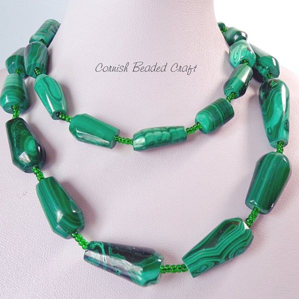 Vintage Polished Malachite Gemstone Necklace Graduated Beads - 30" - FREE UK P&P