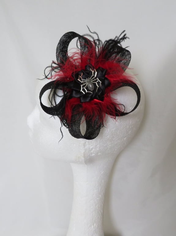 Black and Scarlet Red Spider Clip - Sinamay Loop Feather Gothic Spooky